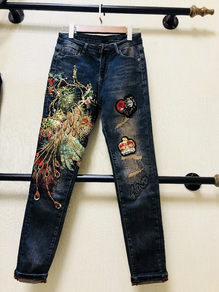 

New Spring Autumn Fashion Women Denim Pants Patch Phoenix Sequins Embroidery Ultra Long Trousers Students Pencil Jeans