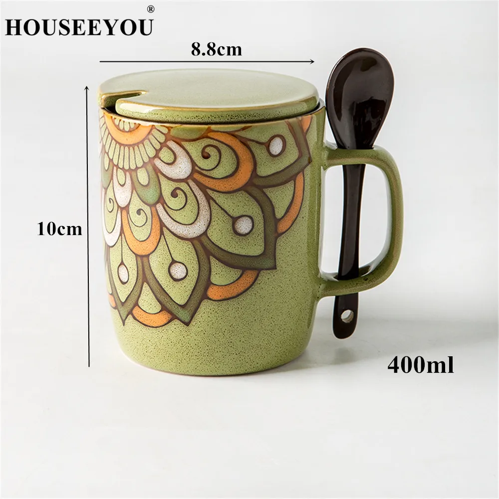 HOUSEEYOU, 8 цветов, 400 мл, ручная роспись, кофейная кружка с ложкой, крышкой для дома, офиса, школы, чая, воды, молока, пива, кружки для напитков, чайная чашка