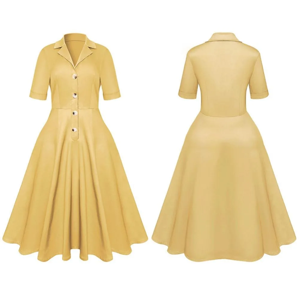 Винтажное изящное однотонное хлопковое платье с v образным вырезом и короткими