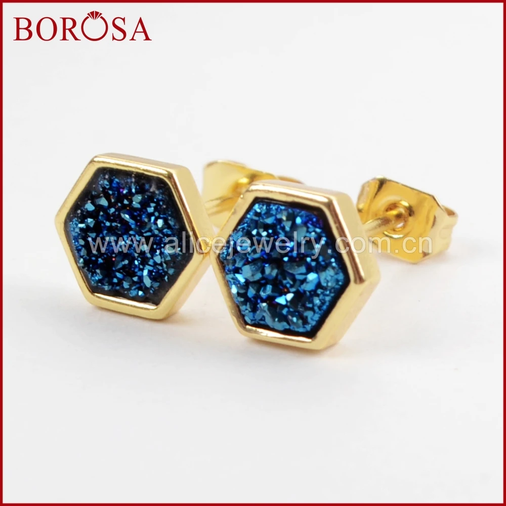 

BOROSA Fashion Jewelry Hexagon Gold Color Bezel Rainbow Titanium Druzy Stud Earrings Agates Drusy Earrings for Women ZG0275