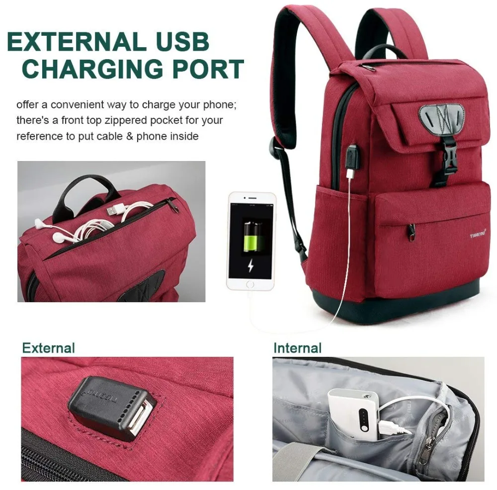 Tigernu Женская Мода Красный USB Зарядка Школьная Сумка Рюкзак для Девочек-Подростков Анти вор Женский Мужской рюкзак 15.6 Сумка Для Ноутбука
