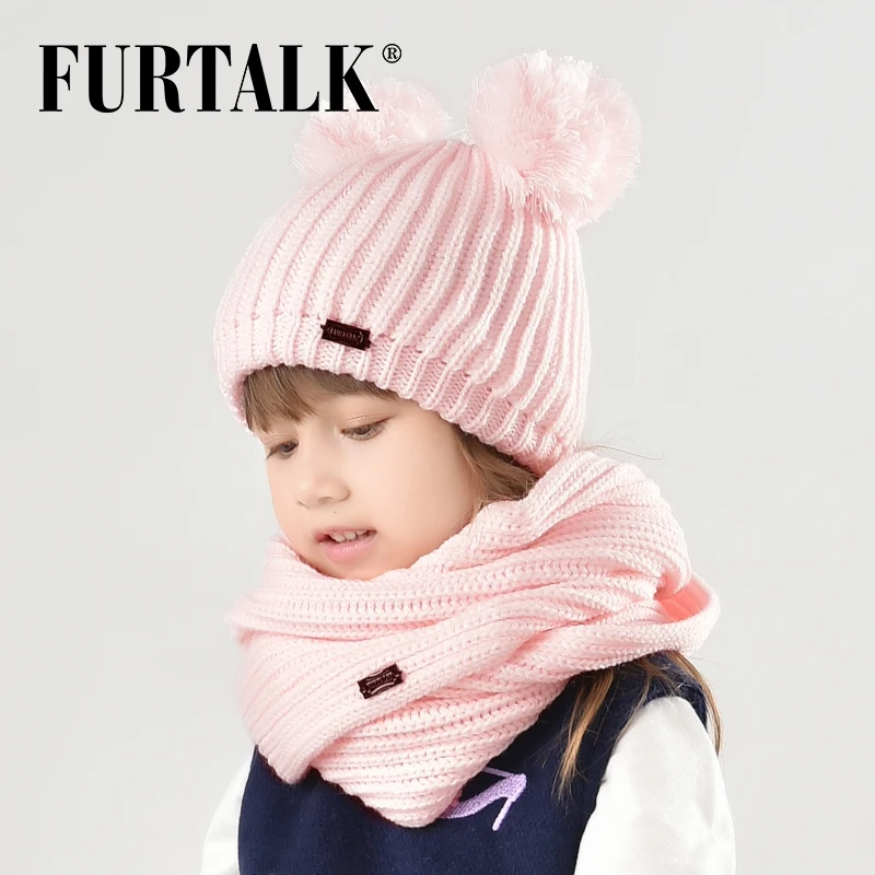 FURTALK дети 1 5 лет зима мальчик помпон комплект шапка и шарф для девочки теплая