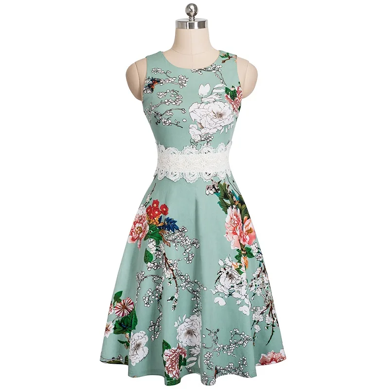 

Elegant lace trim floral print pin up dress Robe vintage 50s rockabilly Women runway sleeveless zipper swing summer sundress