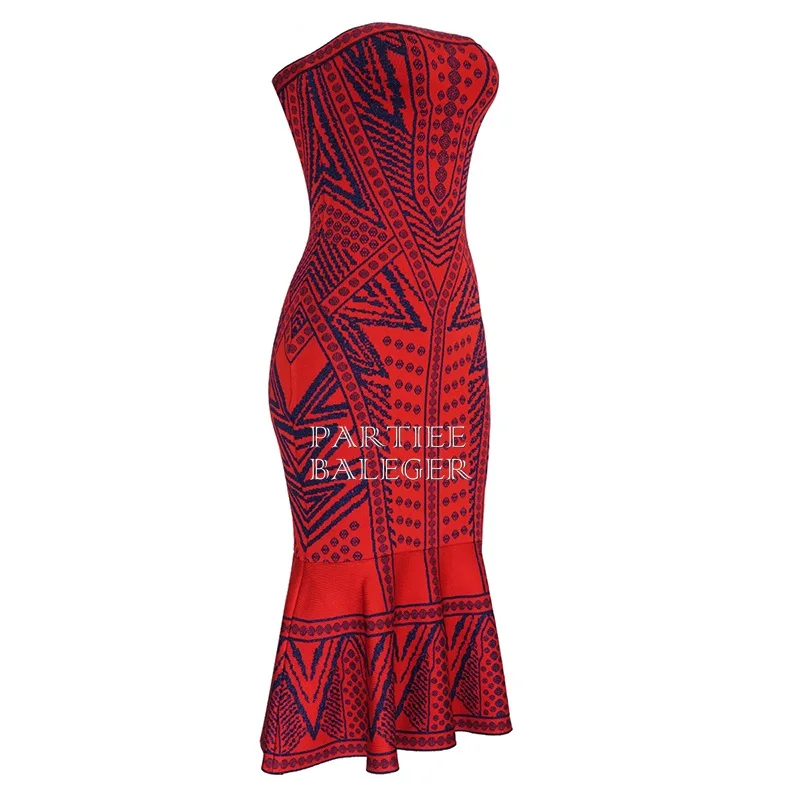 2019 New Arrival Luxe Geometric Jacquard Design Ruffles Sexy Strapless Sleeveless Backless Celebrity Party Bandage Midi Dress | Женская
