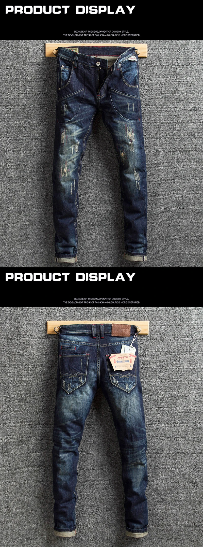 Italian Style Fashion Men Jeans Slim Fit Embroidery Patchwork Ripped Jeans Men Big Pocket Denim Cargo Pants Street Hip Hop Jeans