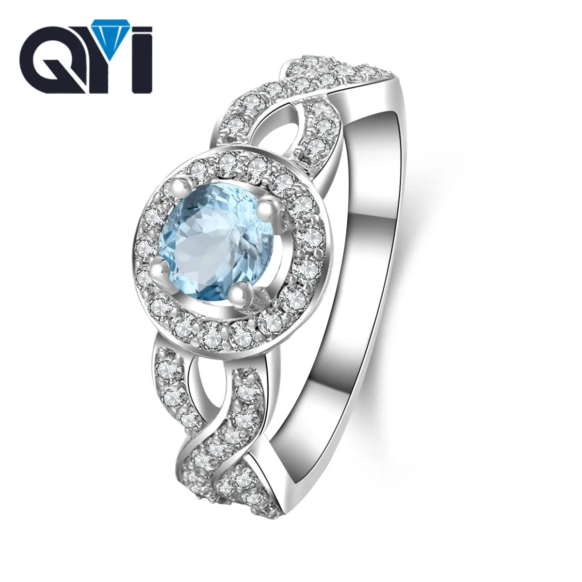 

QYI Luxury Round Cut Natural Sky Blue topaz Rings 925 silver Blue Stone Engagement Ring for women natural Gemstone Jewelry
