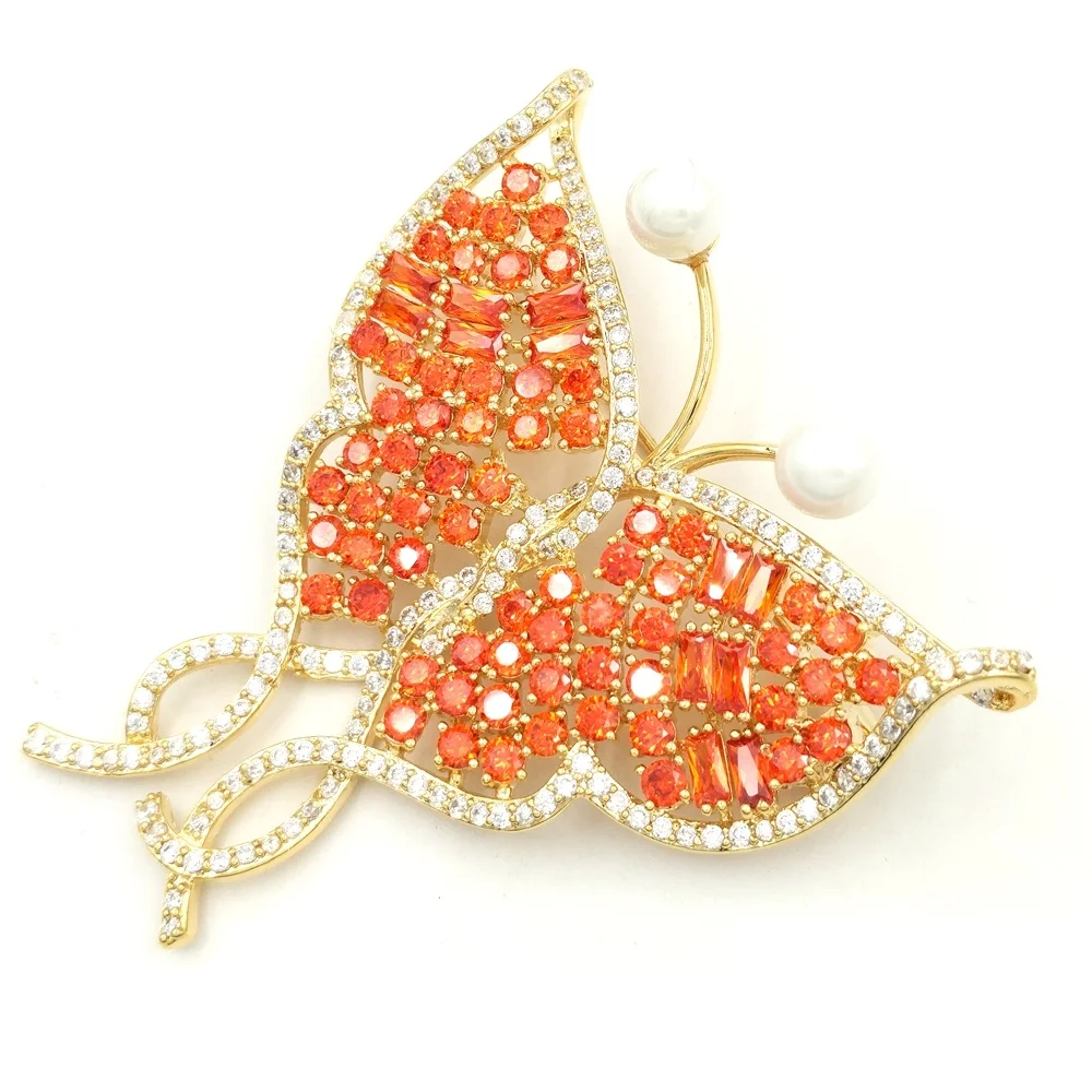 Великолепный микро Паве CZ Оранжевая бабочка Брошь Серебряный тон намекнул
