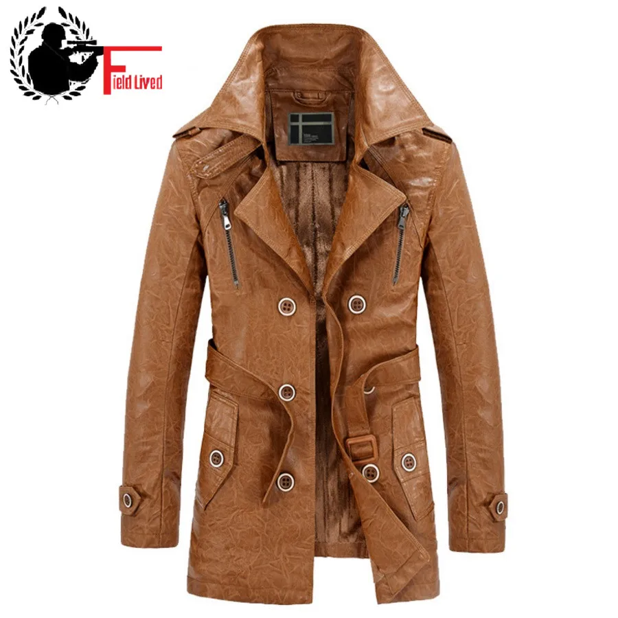 Бренд моды длинный кожаный куртка пальто мужское ПУ Для мужчин S кожаная флис
