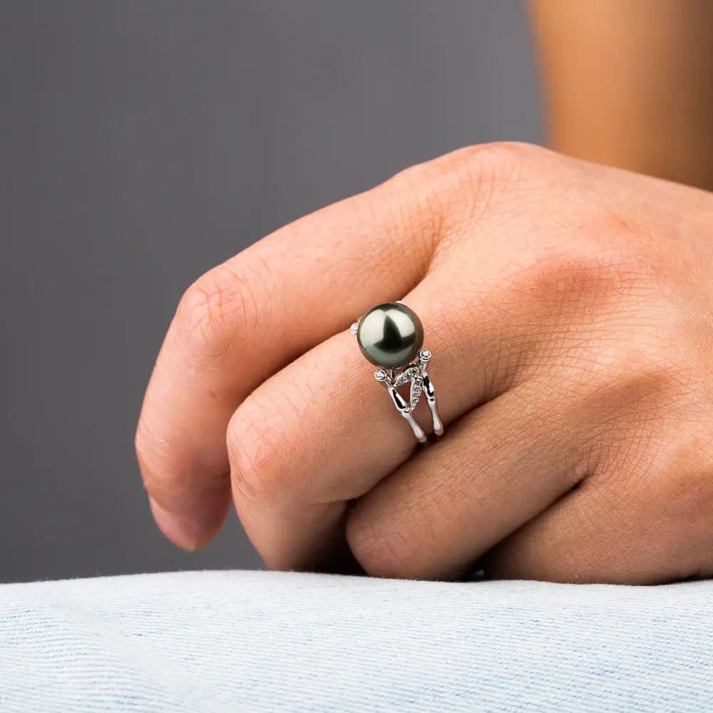 

Светящееся натуральное зеленое кольцо из таитянского жемчуга 14k, однотонное белое золото