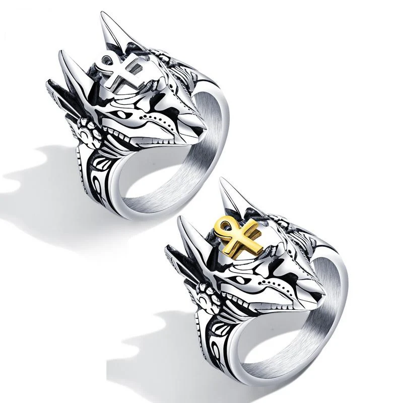 New Domineering Creative Stainless Steel Men's Ring Wolf Head White/Gold Color Cross Punk Finger Jewelry ql626 | Украшения и