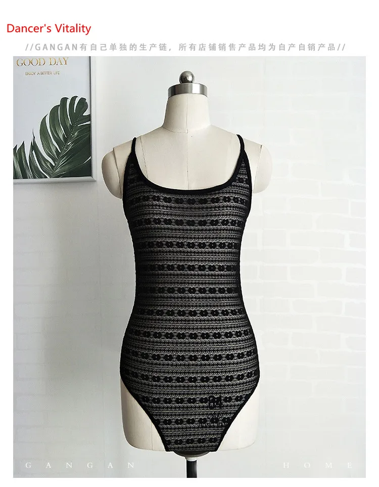 New Women Latin Bodysuit Belly Dance Tops Costume Jumpsuits Water Yarn + Lace Top Black |
