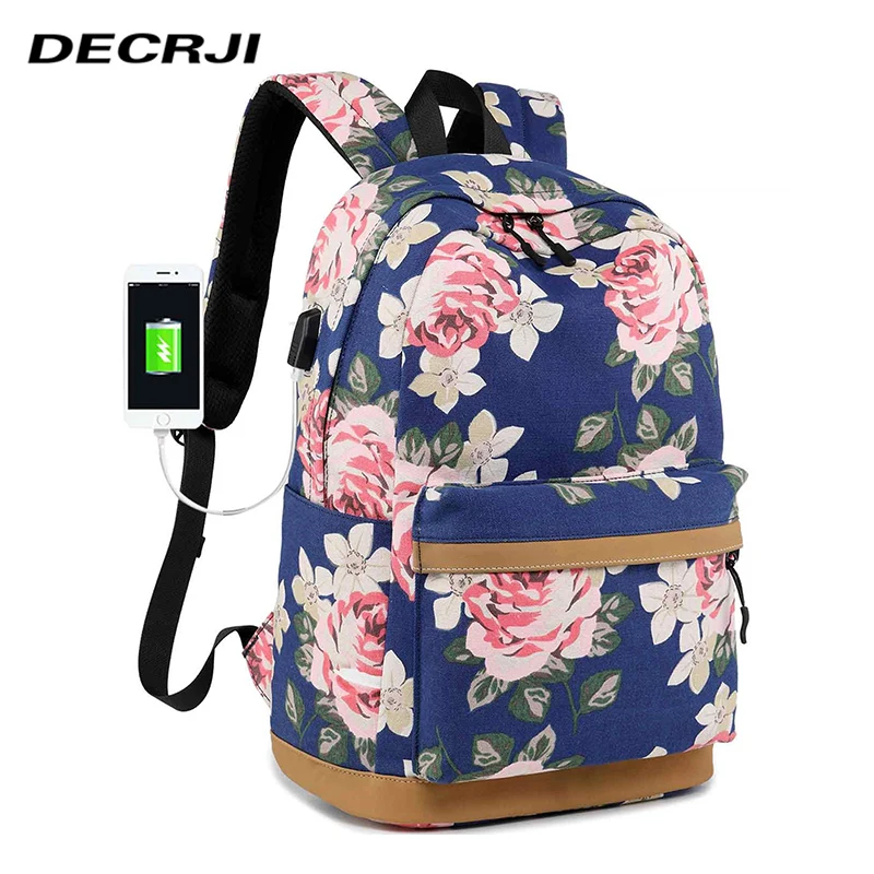 

Модный женский рюкзак DECRJI, женские школьные сумки с цветочным принтом и USB-зарядкой для девочек-подростков, женские рюкзаки для ноутбука на ...