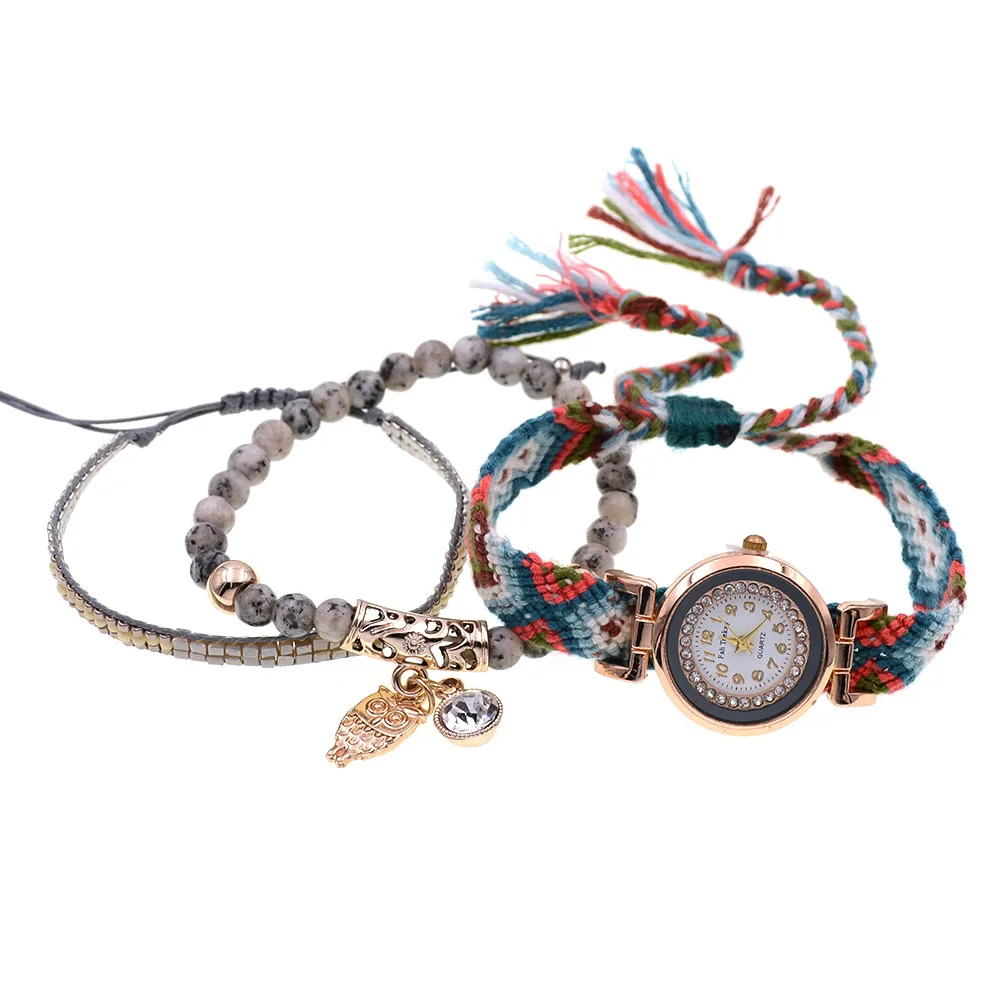 

WELLMORE Women Watches BOHO style 2pcs beads bracelets with watch combination Wrist watches for women quartz watches wholesale