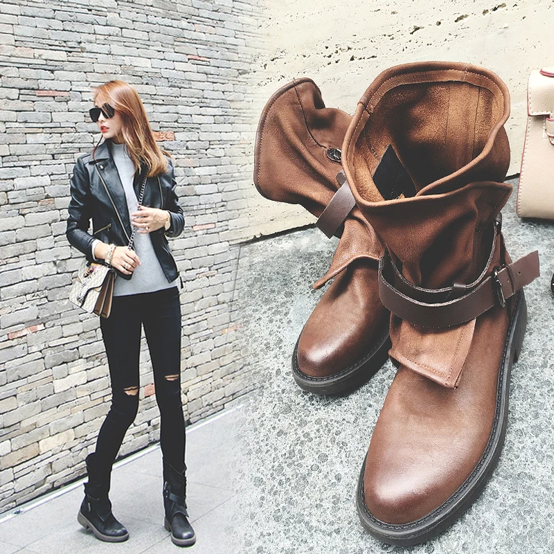INS hot Women mid-calf Boots Solid color plus size 22-25.5cm length Leather Martin boots British retro motorcycle boots 2 colors