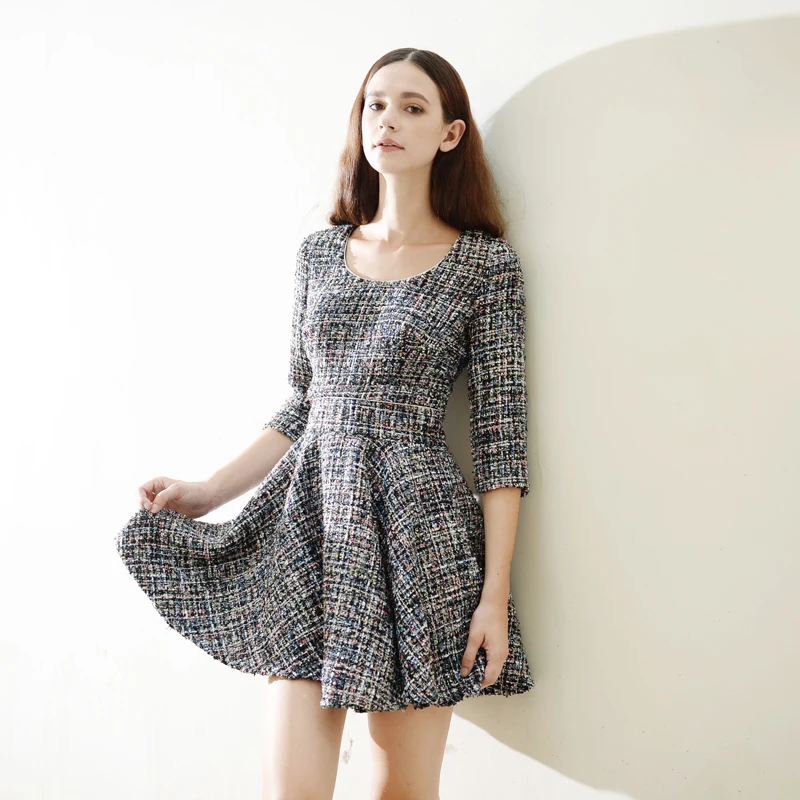 Твид платье Круглый воротник с коротким рукавом на весну/осенние женские