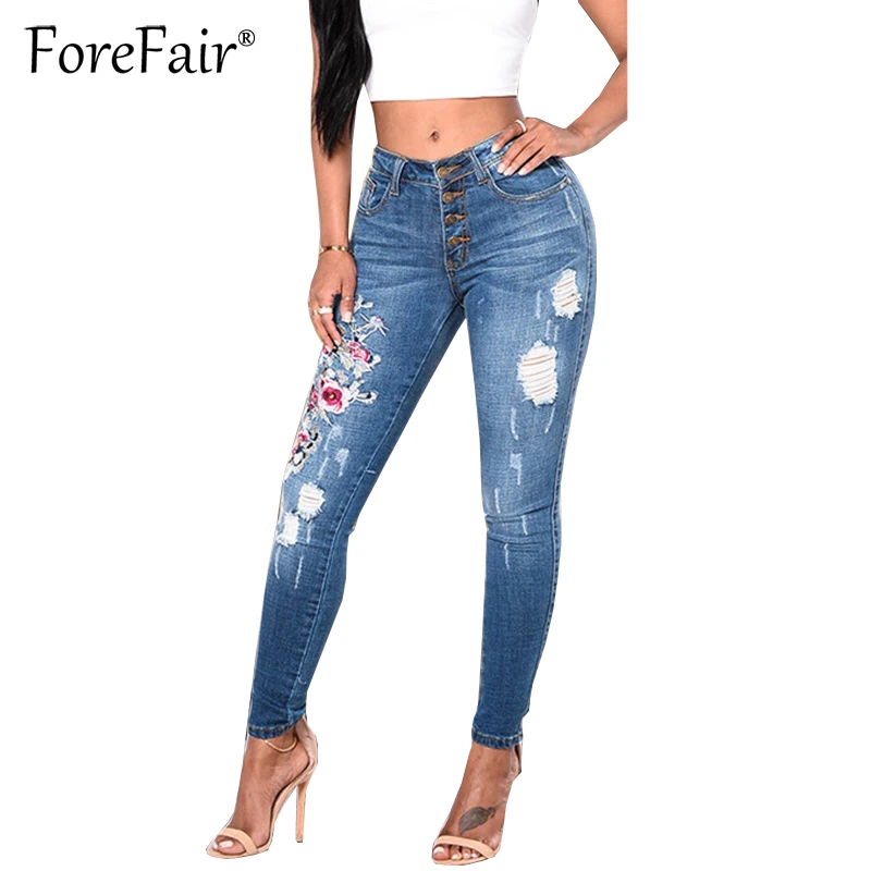 

Модные эластичные рваные джинсы Forefair с вышивкой, женские крутые джинсовые брюки-карандаш, винтажные повседневные джинсы на пуговицах 2017