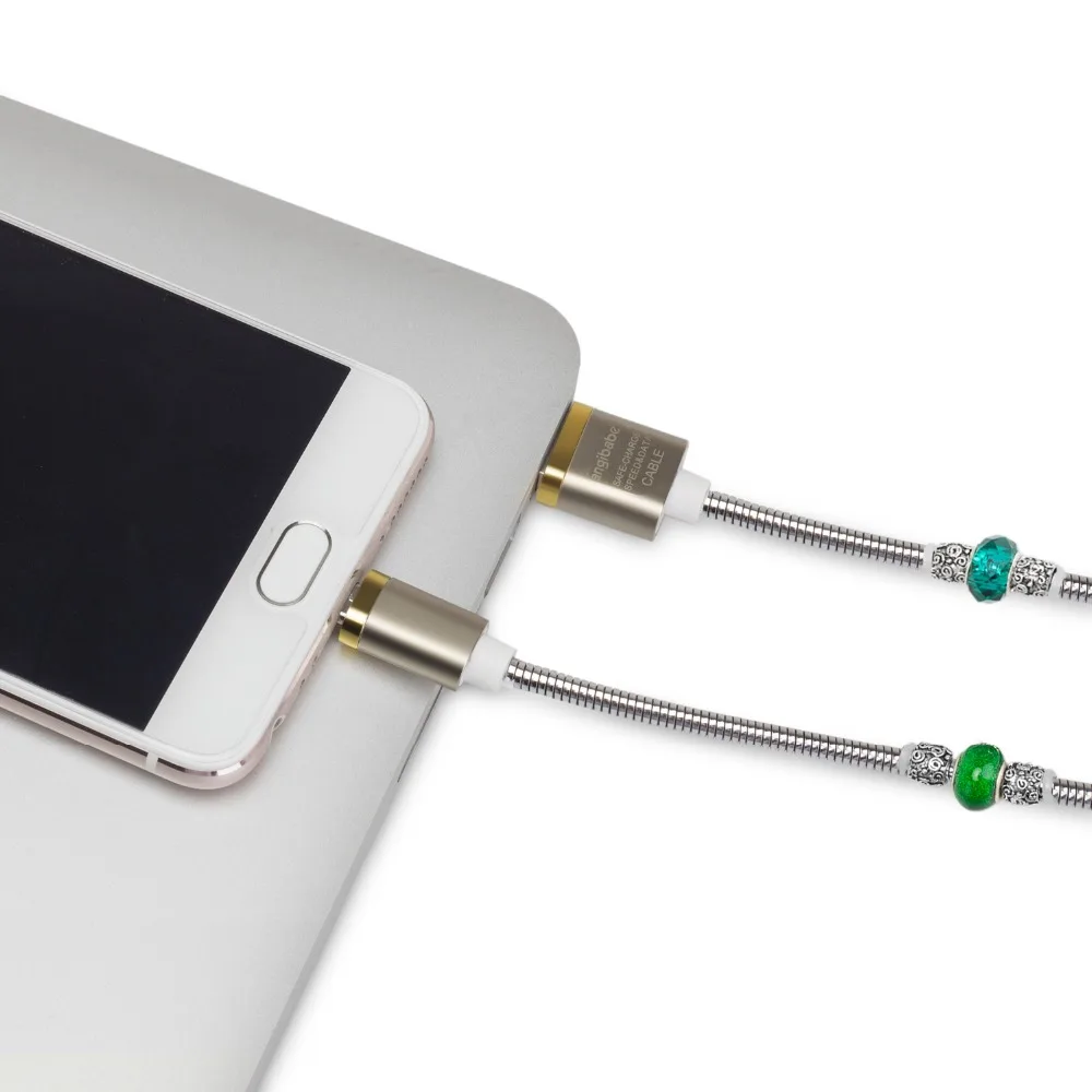 (Зеленый) пружинный USB-кабель для быстрой зарядки с инкрустацией стразами iPhone 8 7 6