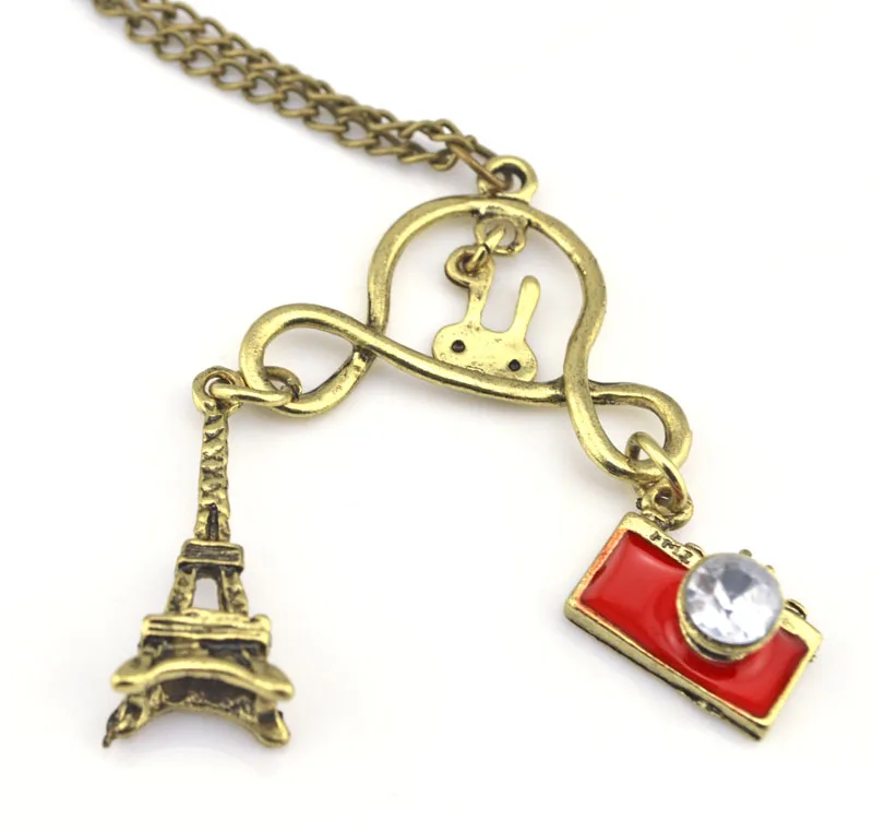 Women Gift Vintage Style Rabbit Camera Eiffel Tower Charms Pendant Necklace Retro Metal Necklaces Long Chain Jewelry | Украшения и