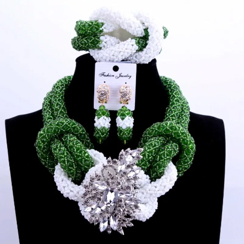 Green White Роскошный комплект украшений в африканском стиле комплекты золотого цвета нигерийские Свадебные Бусы Наборы для невесты женские Свадебные украшения ожерелье набор - Окраска металла: Green White