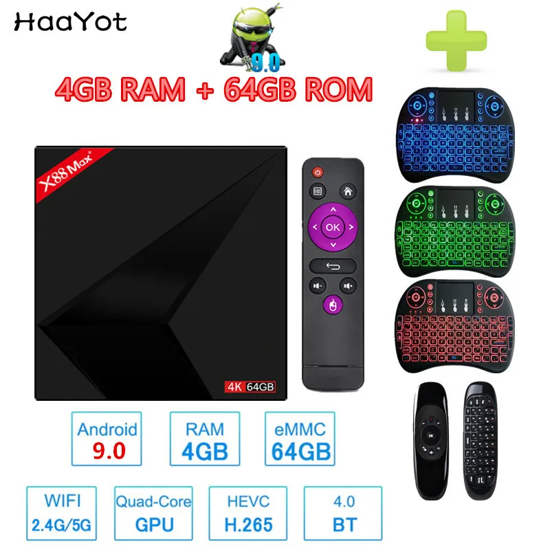 HAAYOT Android 9 0 X88 MAX + Smart TV Box 4G 64G RK3328 Четырехъядерный 4K BT4.0 2 4G/5G WiFi телеприставка Type-c USB 3