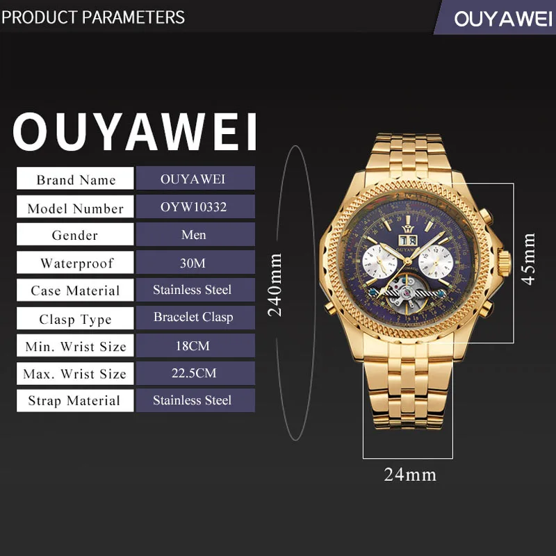 OUYAWEI Авто Дата для мужчин s Tourbillon часы золото Сталь механические Автоматические