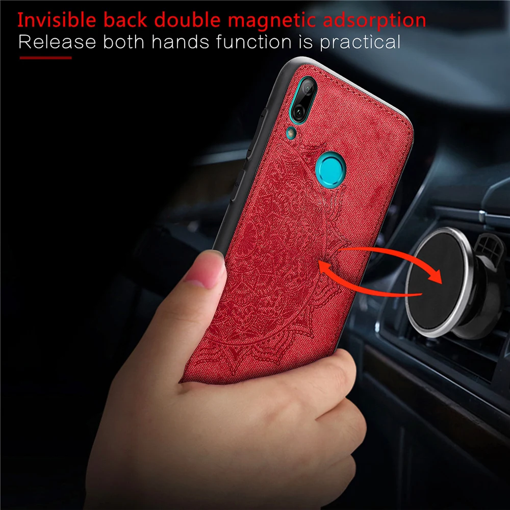 Элегантный чехол с текстурой ткани для Huawei Y7 2019, крышка Coque, на магнитный автомобильный держатель, защита.