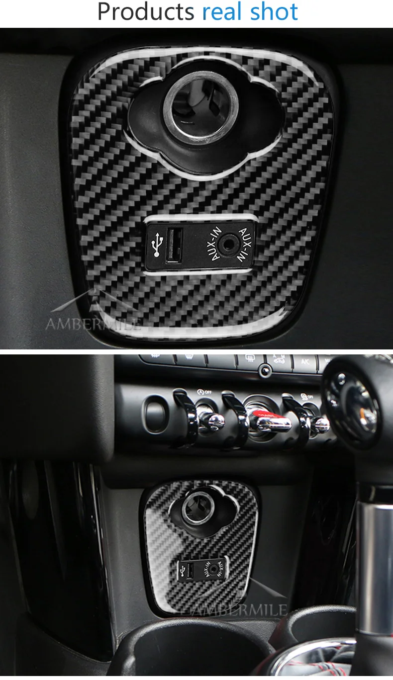AMBERMILEfor Mini Cooper JCW F55 F56 аксессуары для салона автомобиля из углеродного волокна прикуриватель USB AUX панель консоль крышка наклейка