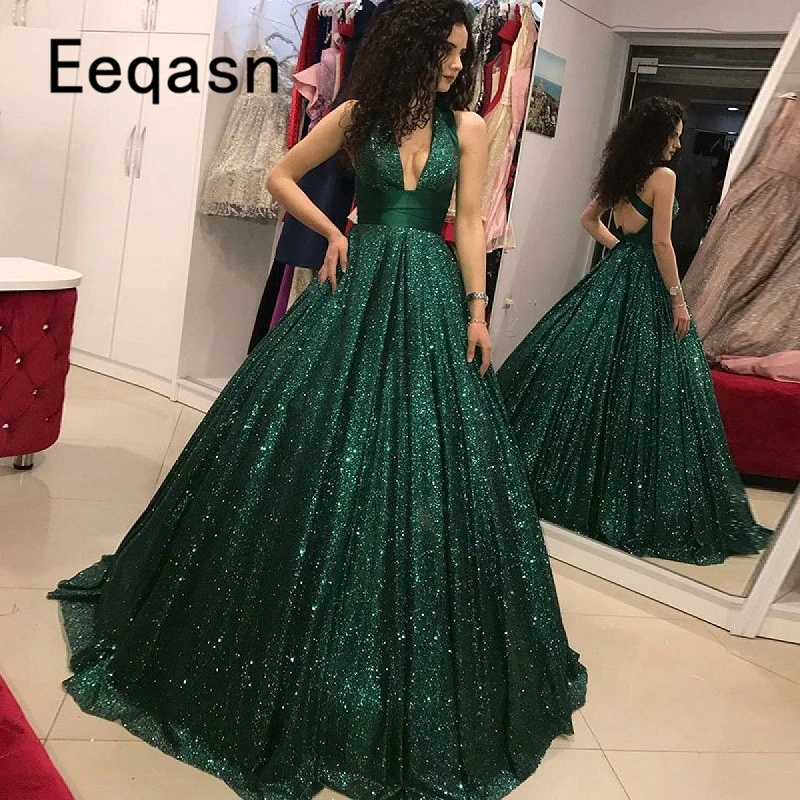 

Sparkly Green Sequin Prom Dresses Elegant Deep V Neck Ball Gown Party Prom Dress vestidos de formatura longo 2020