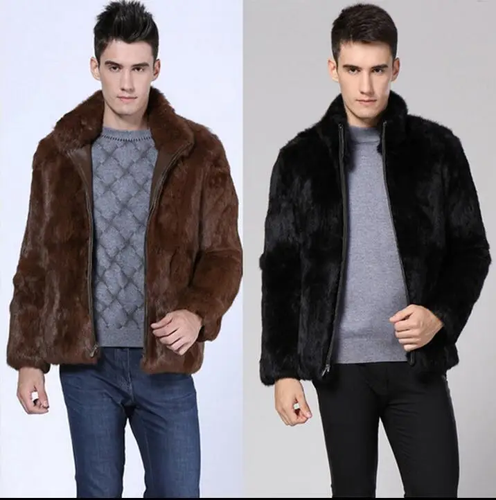 Winter thicken thermal imitation mink leather jacket men casual mens coats overcoat stand collar black brown outerwear fashion