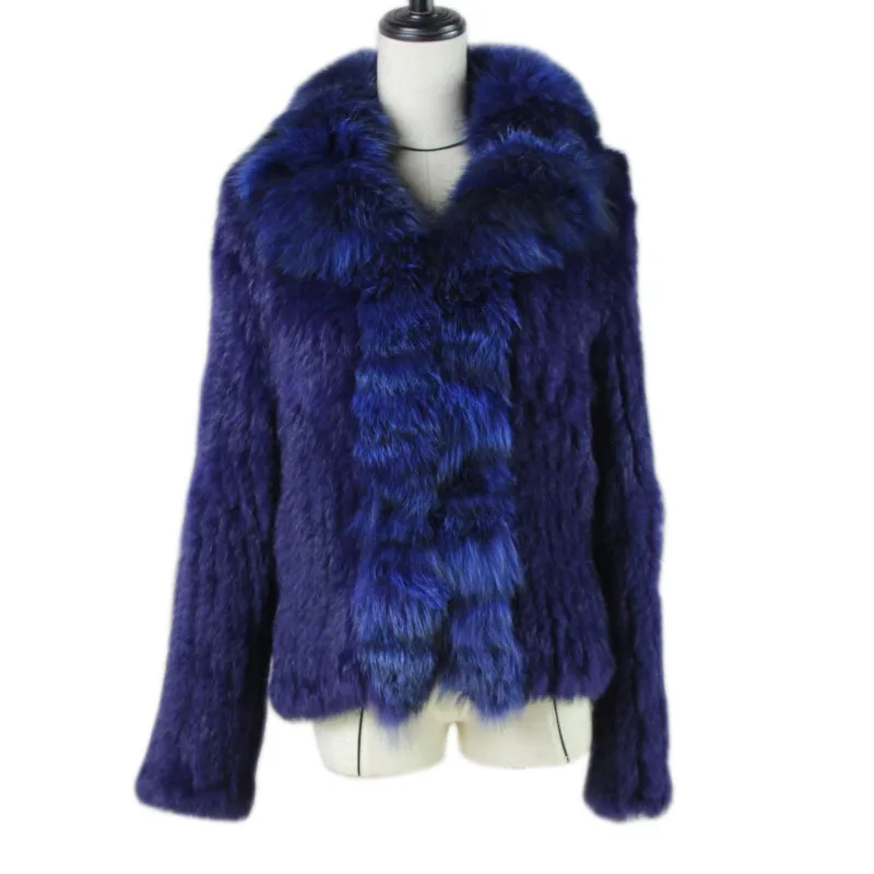 Knitted real rabbit fur coat overcoat jacket with fox fur collar Russian women winter thick warm genuine fur coat C17