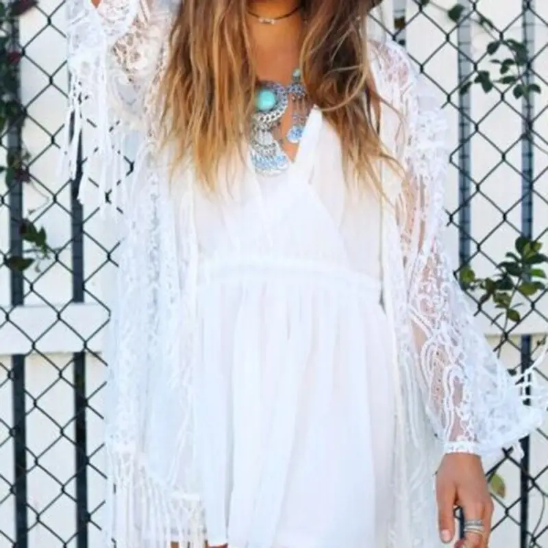 Женское кружевное кимоно Boho кардиган с бахромой и длинным рукавом Пляжная