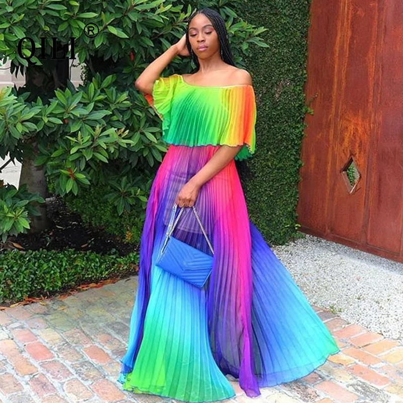 QILI 2019 Summer Pleated Chiffon Dress Loose Long Maxi Beach Dresses Rainbow Print Plus Size Off Shoulder For Womens | Женская одежда