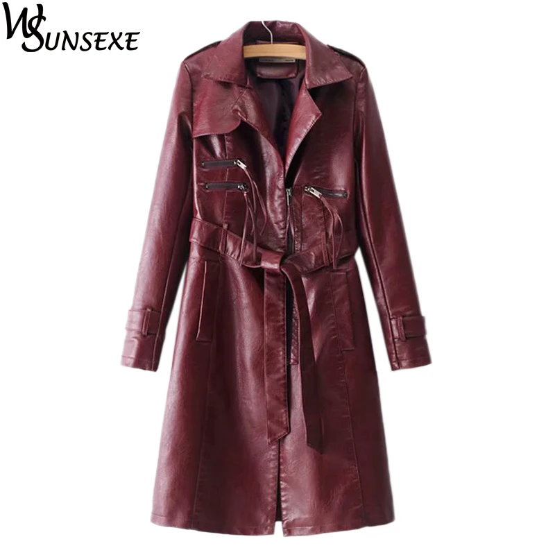 Zipper Turn-collar Pu Leather Jackets Coat Women Autumn Long Sleeve Mid-length Motorcycle Parkas with Sash Casual Jacket Outwear | Женская