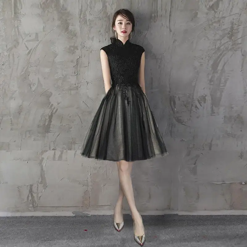 Длинный китайский стиль Lday Qipao размер Elegant Vestidso элегантные вечерние женские платья кружевное черное сексуальное платье Чонсам S-141 - Цвет: Black Short