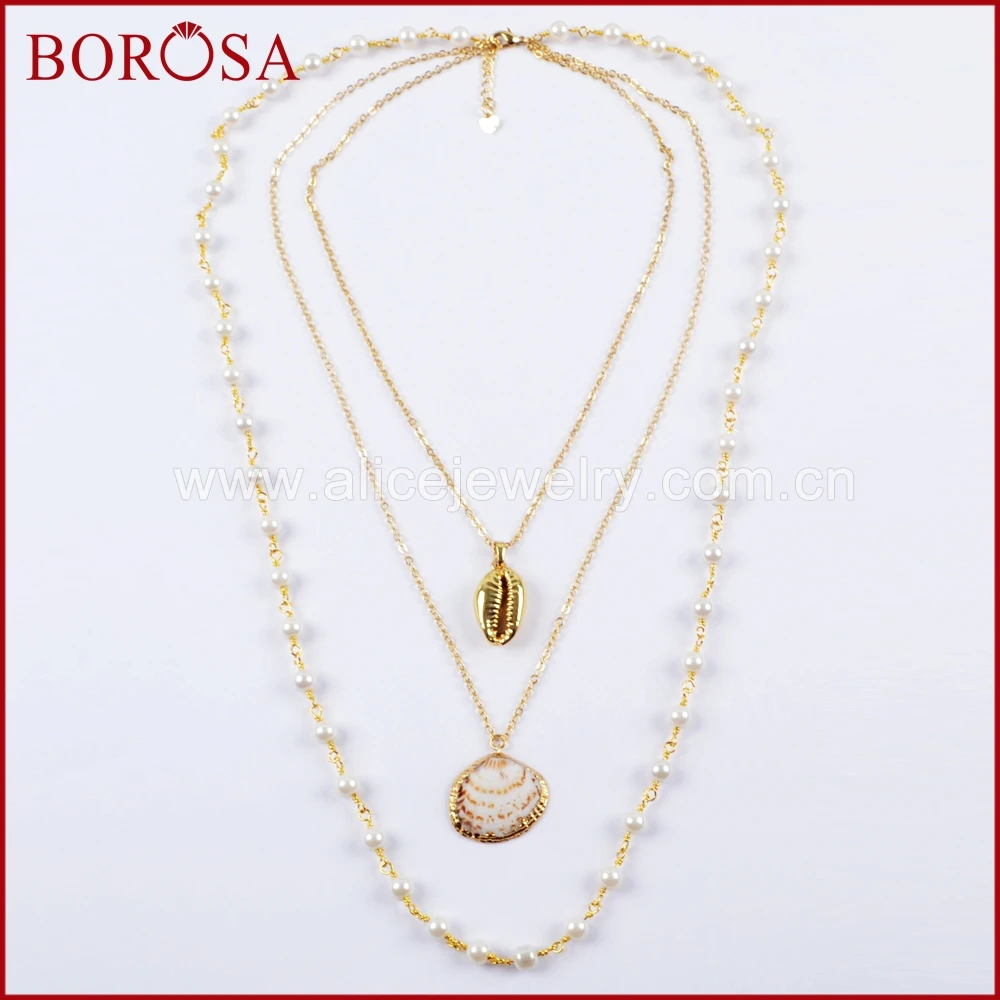 BOROSA 3/4/5PCS Natural Cowrie Shell Scallop With 26inch Pearl Beads Chains Pendant Necklace Jewelry for Women G1636 | Украшения и