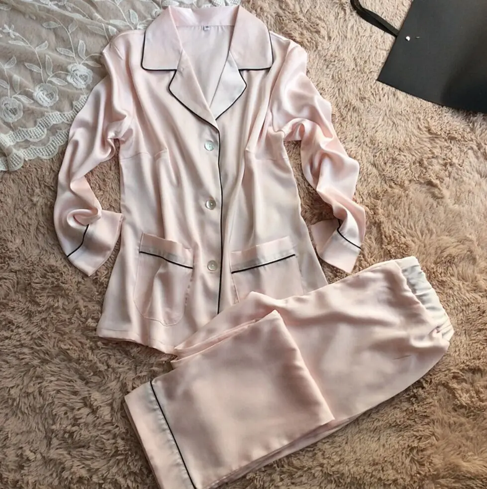 Pink sets Женская кружевная Шелковая пижама пижамы наборы атласная весна осень с длинными рукавами Пижама удобная одежда для дома темно-синий комплект все сезоны - Цвет: Pink sets