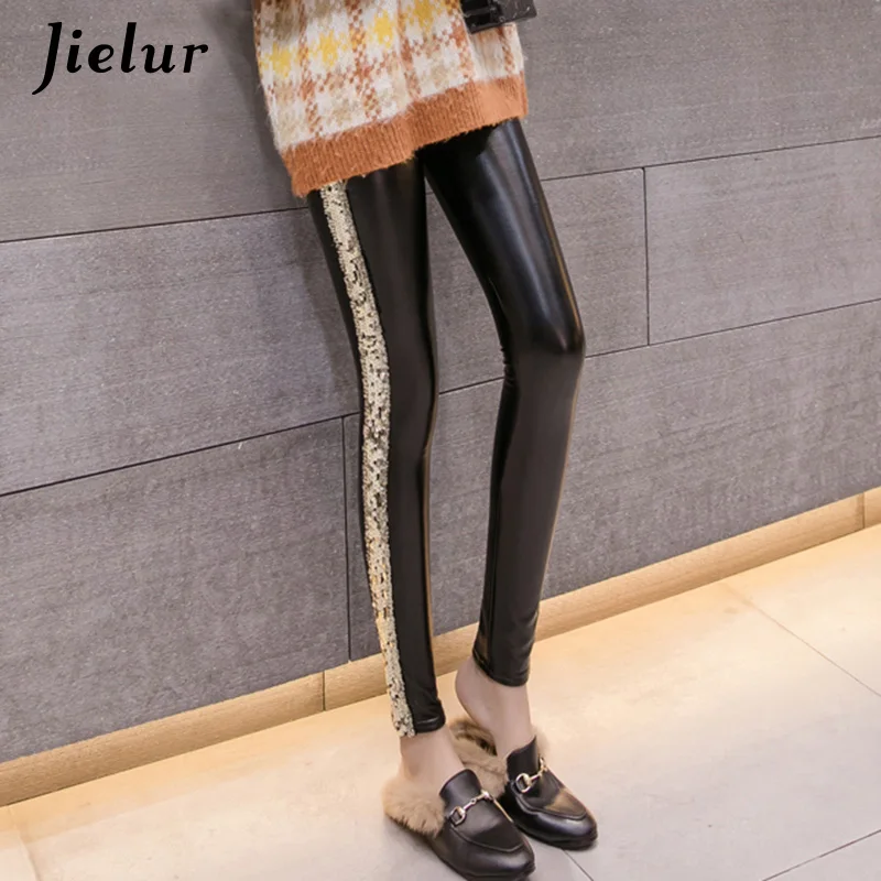 Gold stripe Jielur, Осенние тонкие леггинсы из искусственной кожи, женские серебристые, золотые, в полоску сбоку, с блестками, тонкие, для отдыха, модные, обтягивающие штаны, женские S-XXL - Цвет: Gold stripe