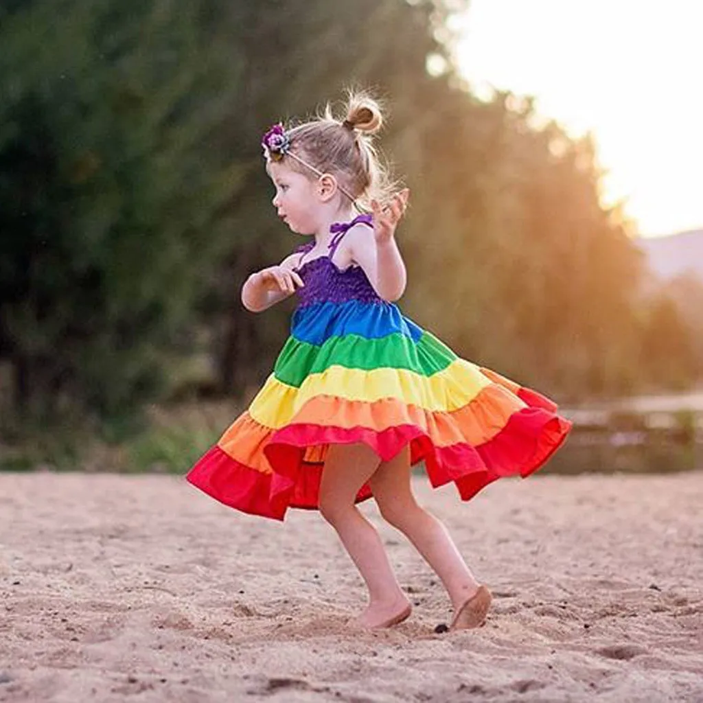 vestidos Girls Dress Kids Dresses For Toddler Baby Rainbow Striped Patchwork Princess Party Sundress | Детская одежда и обувь