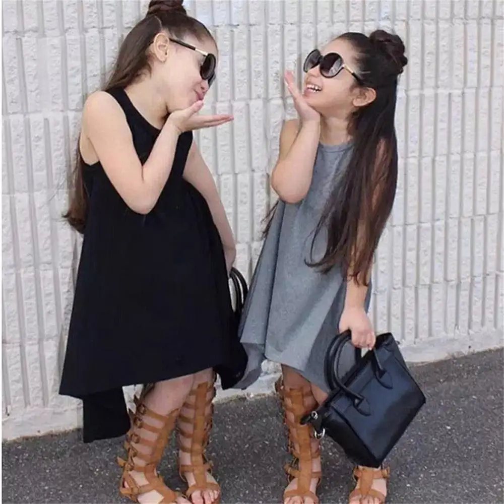 Summer Girls Dresses Black Gray Irregular Hem Rotary Party Dress Sleeveless Cotton Solid Kids Clothes Vestidos 2-6 Years | Детская