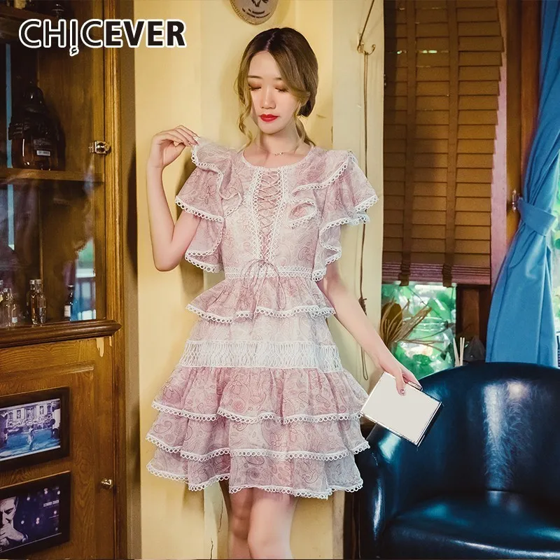 CHICEVER летнее элегантное розовое шифоновое платье для женщин с круглым вырезом и