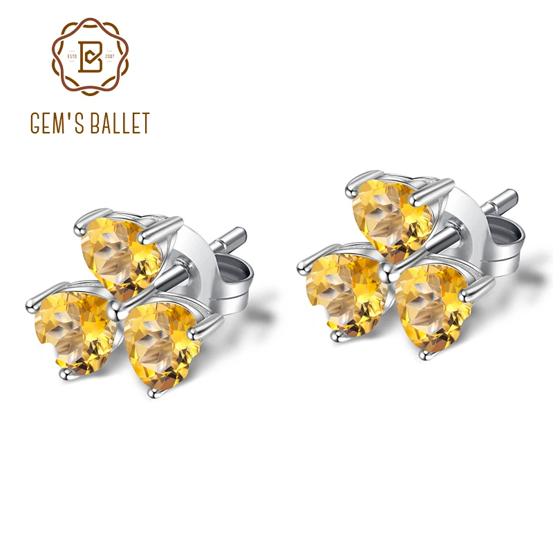 

GEM'S BALLET 925 Sterling Silver Clover Stud Earrings 1.43Ct Natural Citrine Gemstone Heart Earrings for Women Fine Jewelry