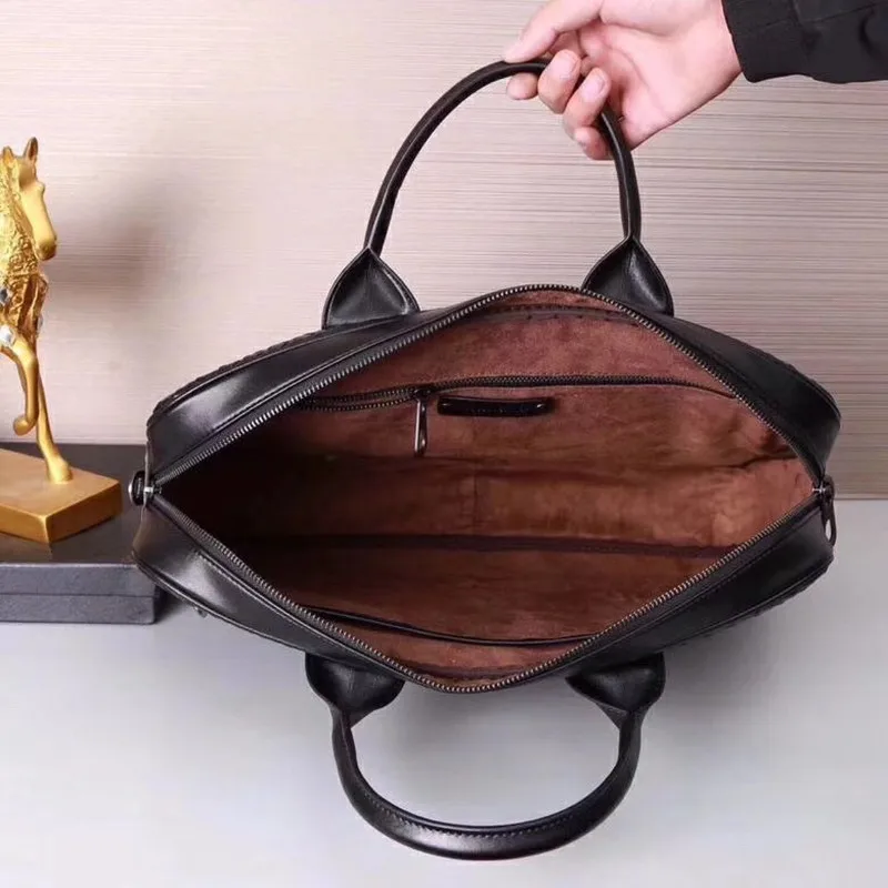 Kaisiludi leather hand-woven men's bag handbag men's leather briefcase business casual computer bag fashion men and women