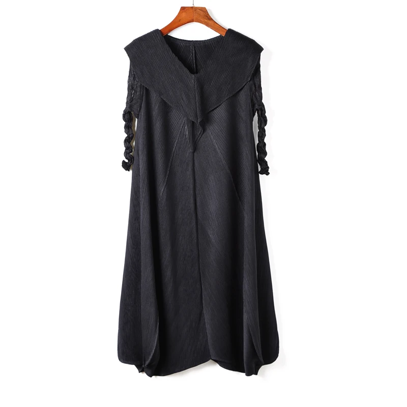 Black Changpleat весна лето однотонные женские платья miяк плиссированный модный дизайн v-образный вырез большой размер эластичное женское платье Tide D9880 - Цвет: Black