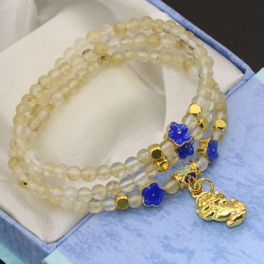 

Bohemia style yellow watermelon crystal 4mm round beads long chain multilayer bracelets cloisonne 3rows jewelry 7.5inch B2780