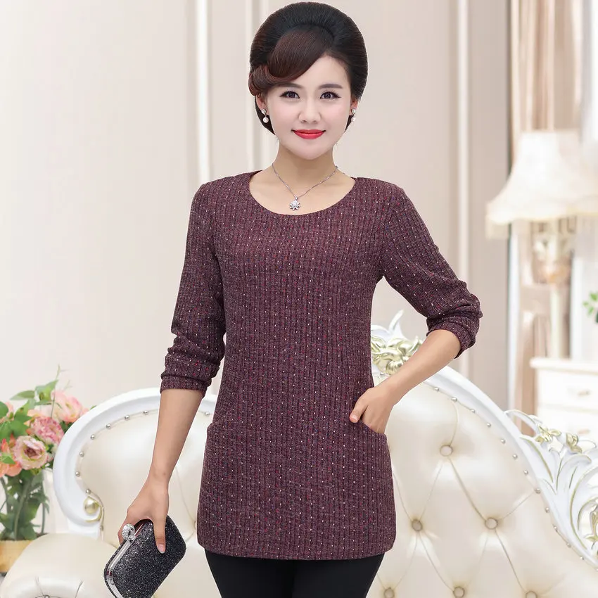 Женская блузка среднего возраста, Одноцветный Топ, длинный рукав, круглый воротник, туника, Повседневная блуза для мамы, зеленый, фиолетовый, Базовая рубашка, женские топы - Цвет: zihong