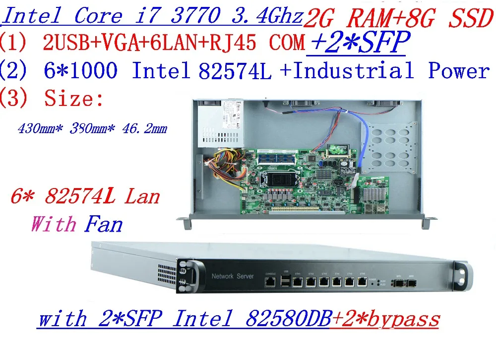 Прочное программное обеспечение для сервера 1U с 8 портами Gigabit lan Intel Core I7 3770 3 4G 2G RAM