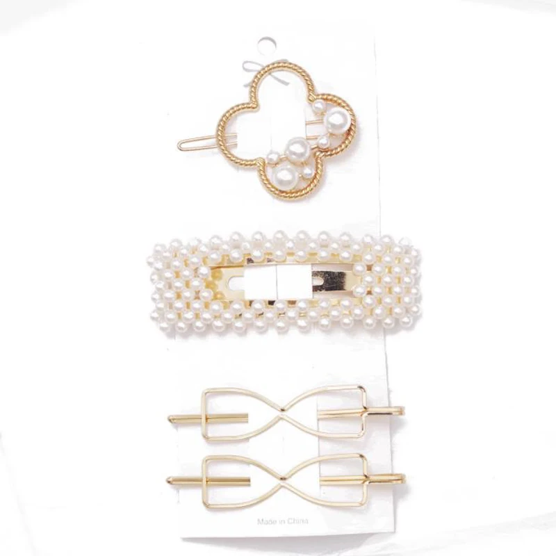 4Pcs/set New Women Pearls Hairpins Headwear Set Girls Cute Star Bow Flower Metal Hair Clips Geometric Accessories Female |