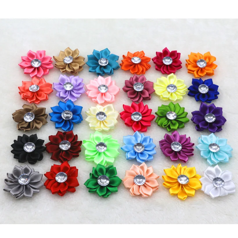 20 шт. новые белые атласные ленты цветок с хрустальными бусинами аппликации для