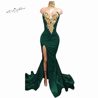 green sexy women courte mermaid prom dresses gold applique lace split side high neck long evening gowns special occasion v neck