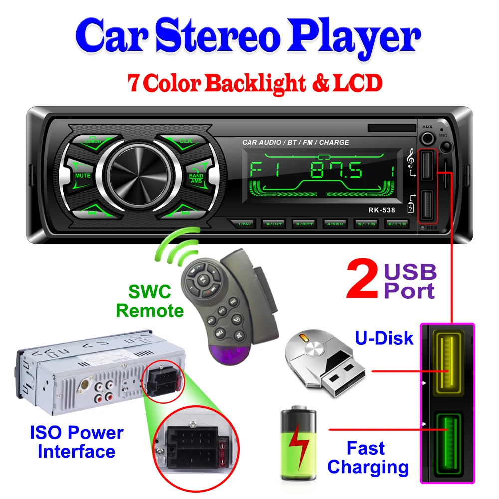 

RK-538 Charger Two USB Car Radio FM 12V Fixed Front Panel Car Audio MP3 WMA Player Bluetooth SD AUX SWC Remote 7388 IC 538 4*45W